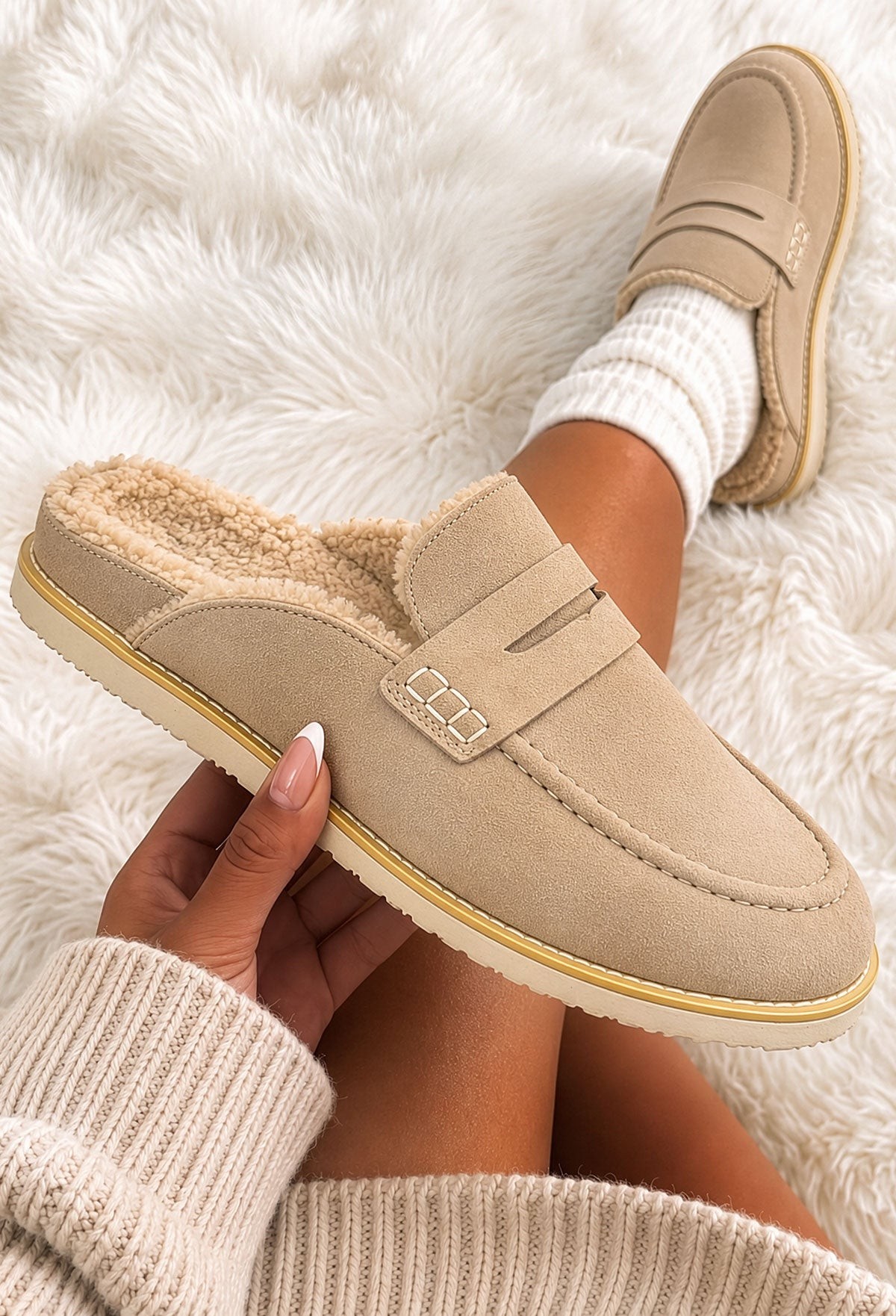 Amber Beige Faux Fur Lined Suede Sliders
